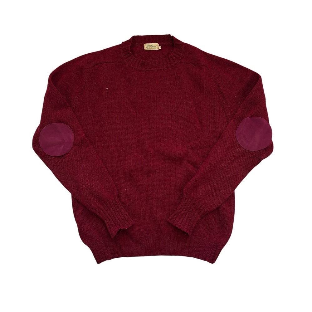 Vintage L.L. Bean Sweater Mens Script Tag Wool  Fisherman Burgundy‎ Red Patches
